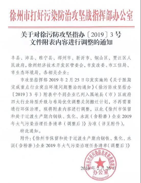 《徐州處于保留和過渡期內鋼鐵、水泥、焦化企業(yè)2019年大氣污染治理任務清單》